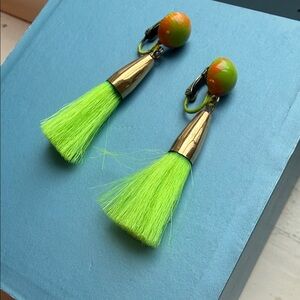 Neon Green Tassel Earrings Vintage Gold Overlay